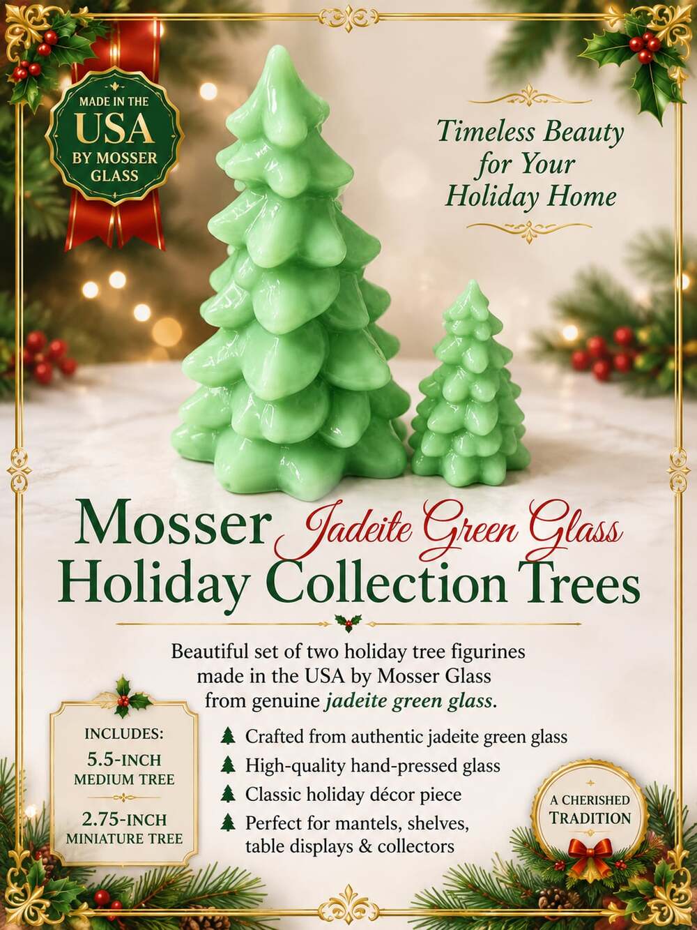 Mosser Glass Jadeite Green Glass Holiday Tree Figurine Set (5.5-inch and 2.75-in